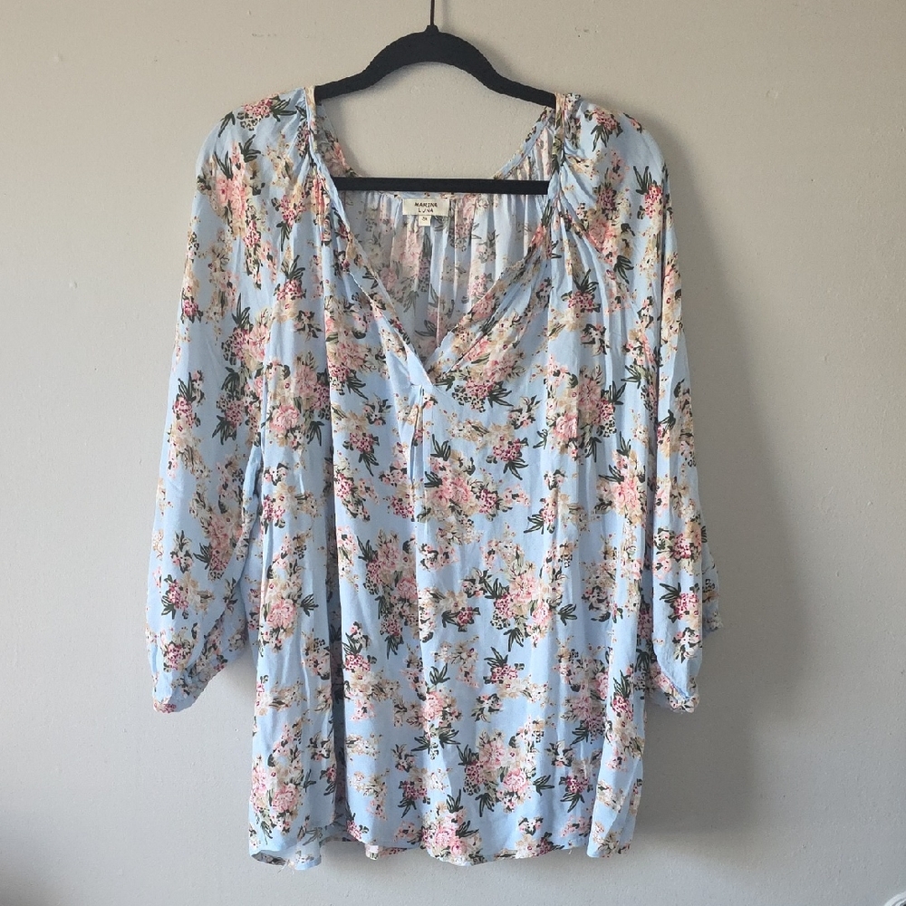 Marina Luna Summed Pastel Blue Floral Puffy Sleeve Lightweight Top 2XL Softgirl